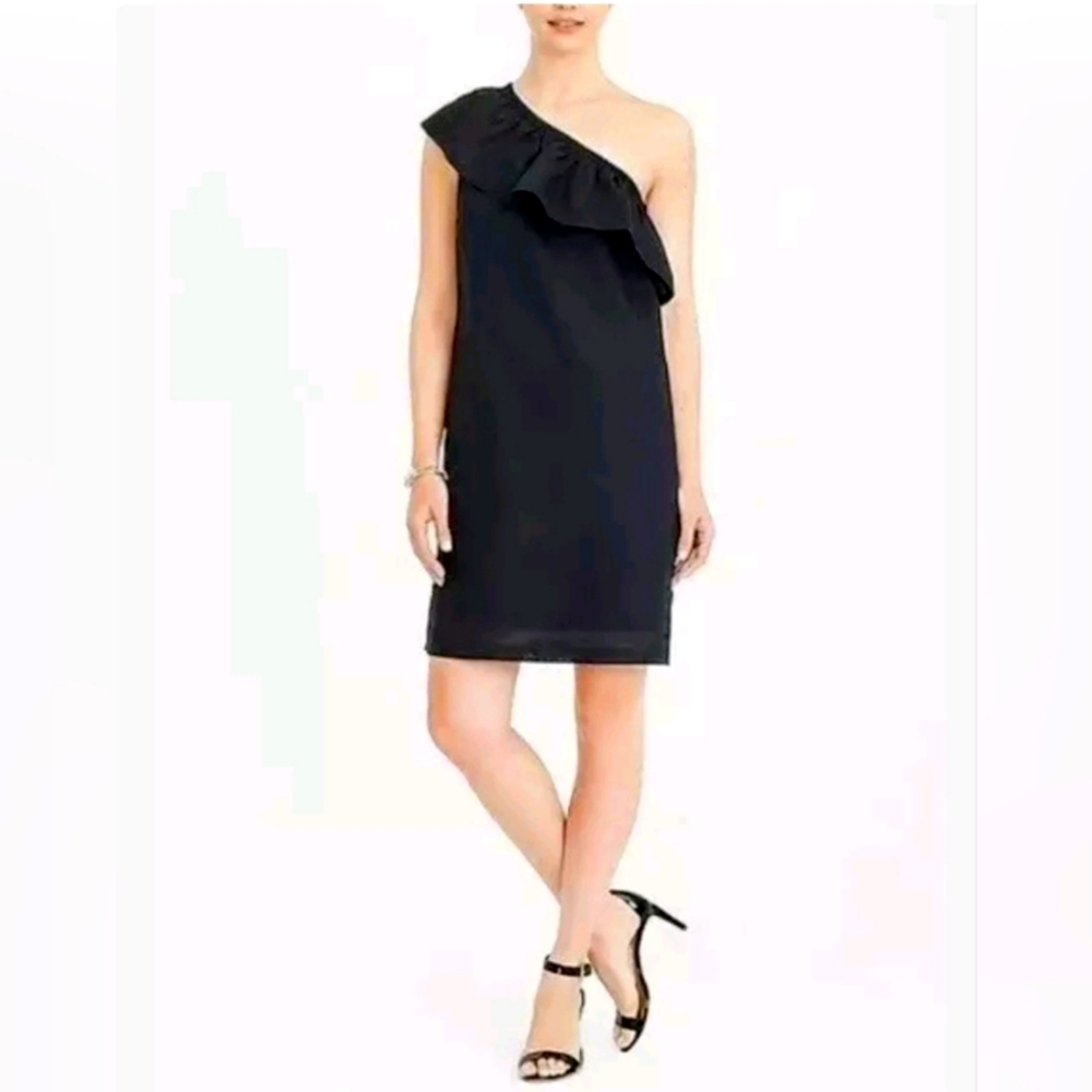 J.Crew Elegant Black linen blend ruffle One-Shoulder Dress size S